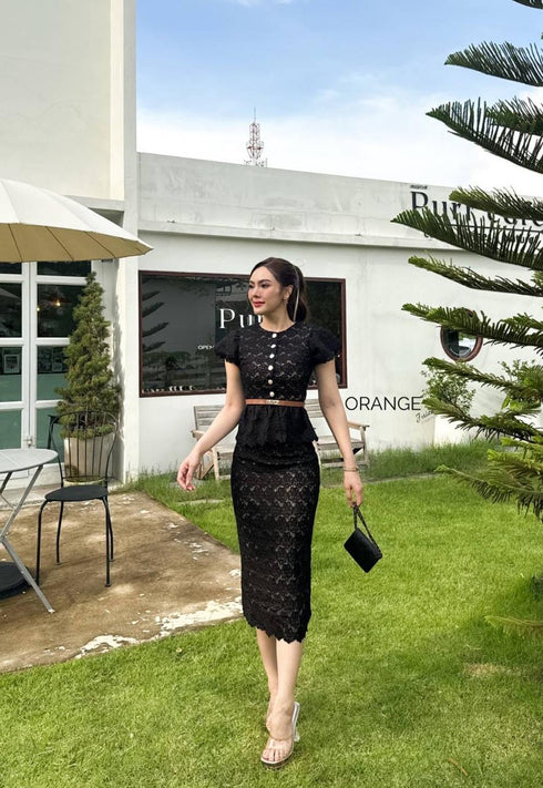 Elegant Lacey Peplum Tops With Skirts Sets